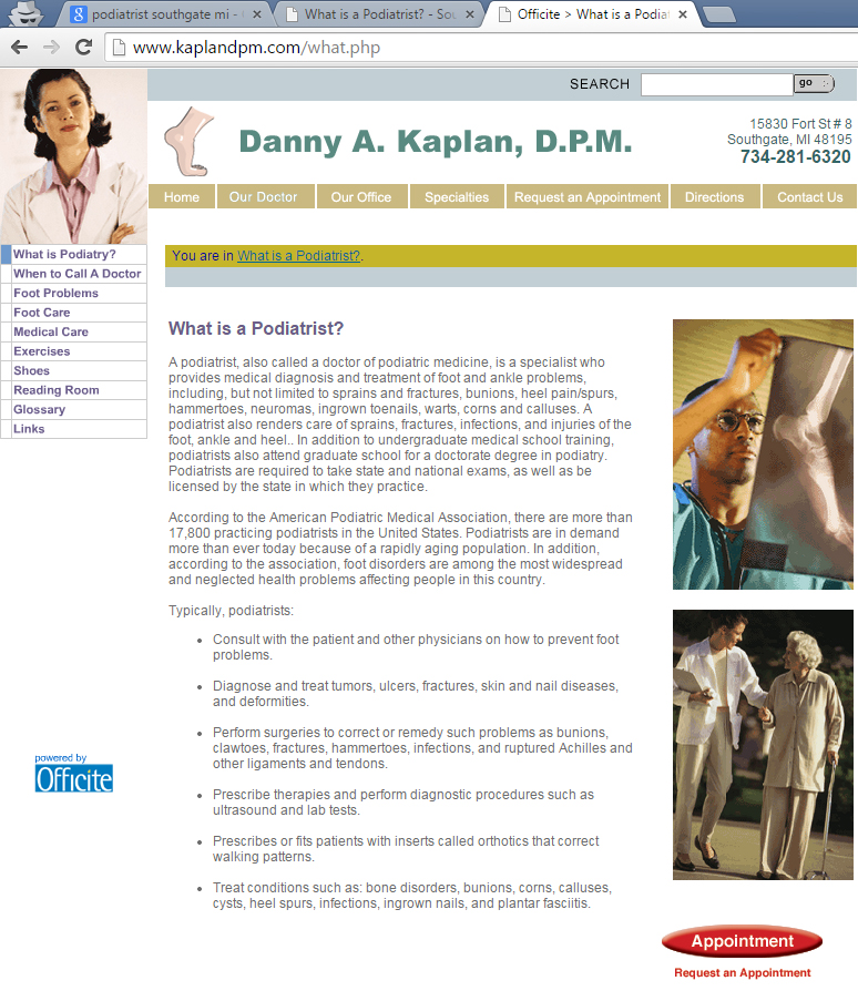 Dr. Kaplan's web page "What is Podiatry?" screenshot from March 2015 Officite website